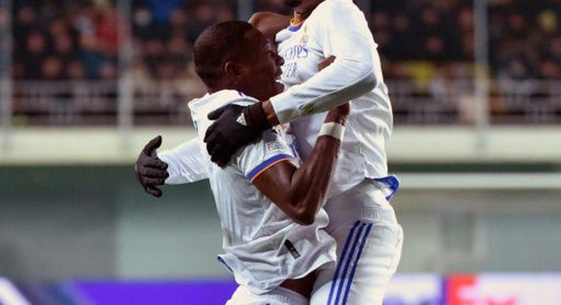 David Alaba celebrates with Eder Militao after scoring the opening goal Creator: Sergei GAPON