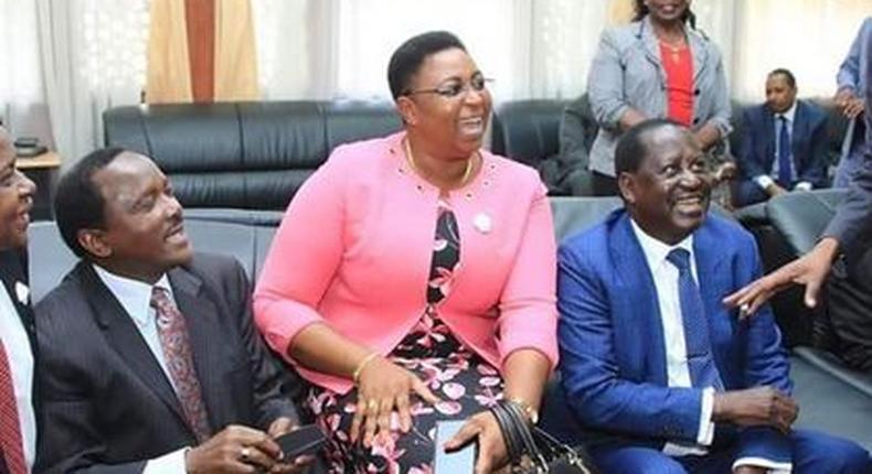 ODM leader Raila Odinga with Wiper leader Kalonzo Musyoka and MP Aisha Jumwa