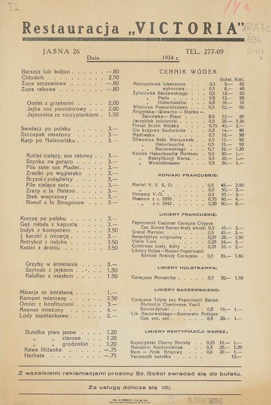 Menu warszawskiej restauracji Victoria z 1934 r.