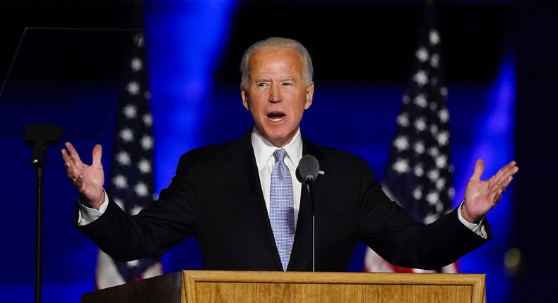 President-elect Joe Biden speaks Saturday, Nov. 7, 2020, in Wilmington, Del.