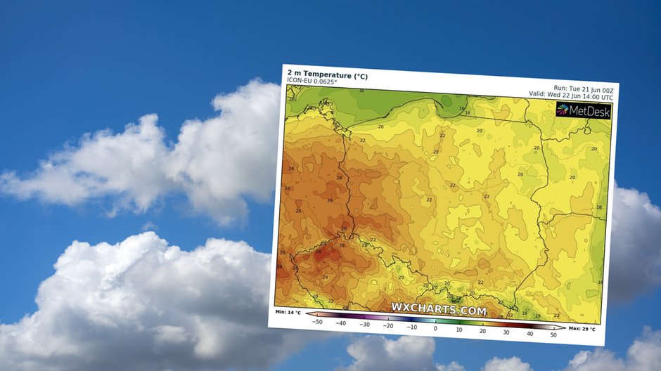 Środa przyniesie znacznie spokojniejszą pogodę. Nie zabraknie słońca i zrobi się cieplej (mapa: wxcharts.com)