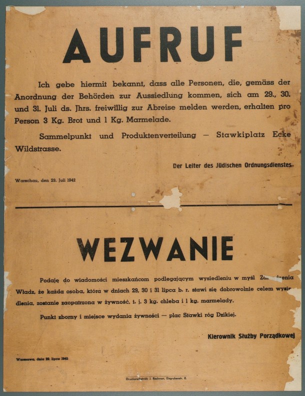 Wezwanie do dobrowolnego stawienia się na ul. Stawki róg Dzikiej [Umschlagplatz] z lipca 1942 r