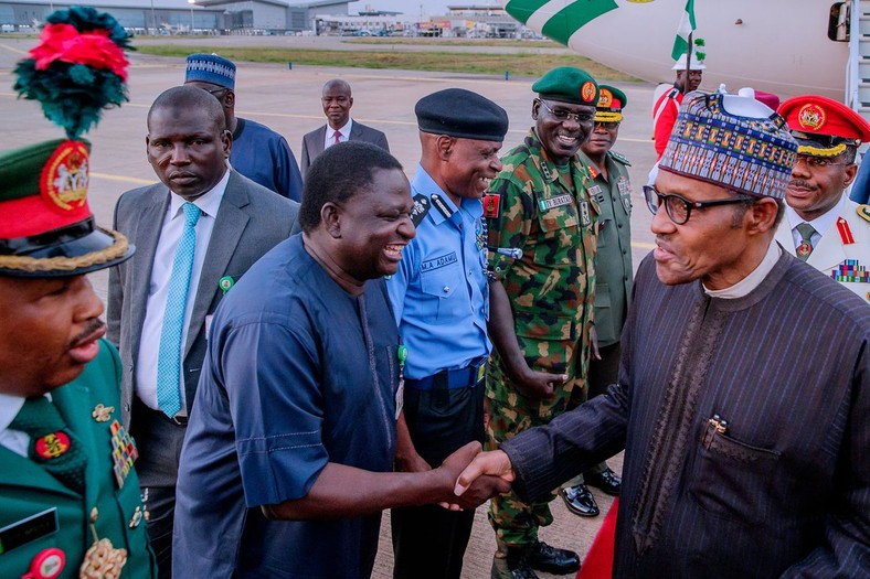 President Buhari arrives Abuja, after a 10-day private visit to the United Kingdom (Twitter @MBuhari) 