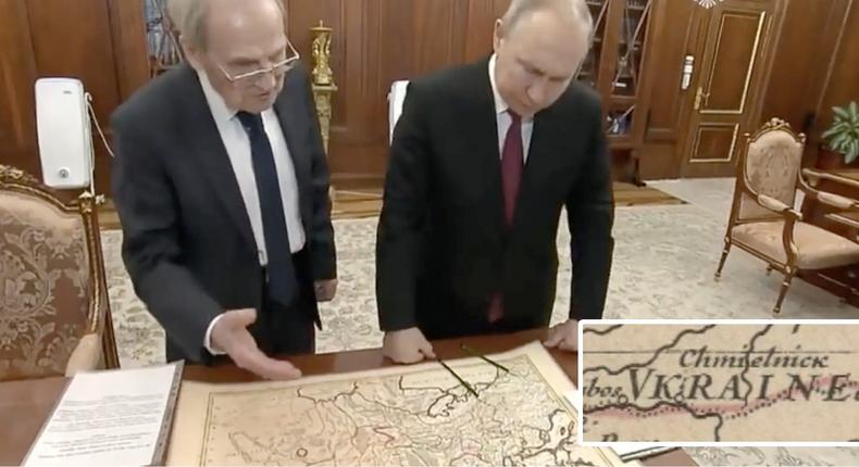 A composite image show Russian President Vladimir Putin (right) examining a 17th-century map of eastern Europe with Valery Zorkin, a Russian justice official. The inset shows a part of the document labeled Ukraine.Kremlin/Bibliothque Nationale de France