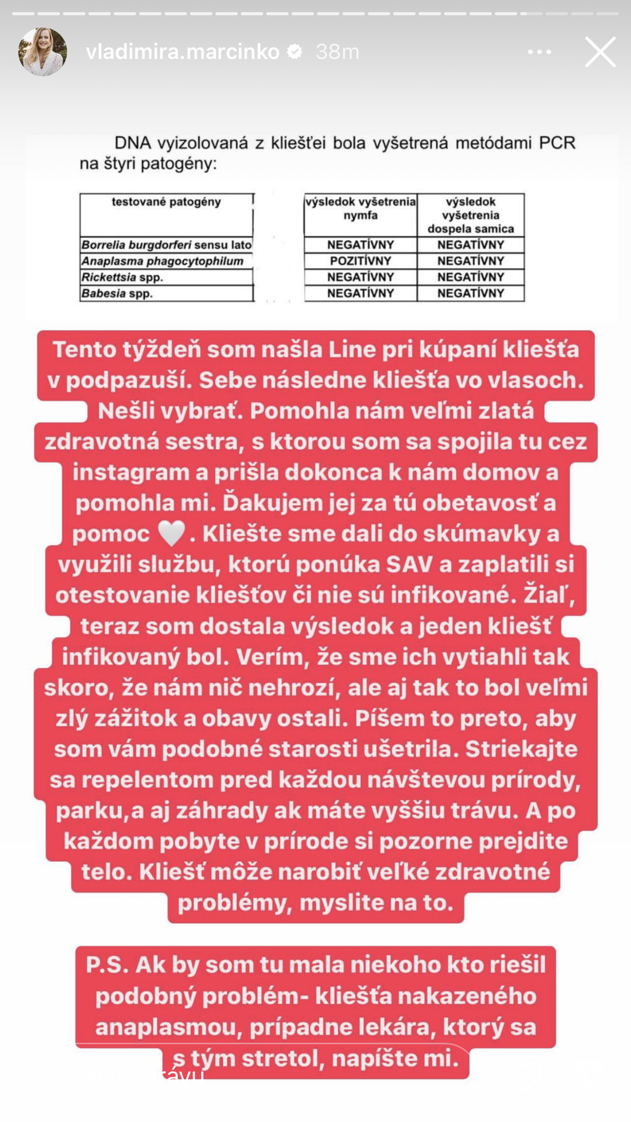 Poslankyňa Vladimíra Marcinková opísala svoju skúsenosť s kliešťami.