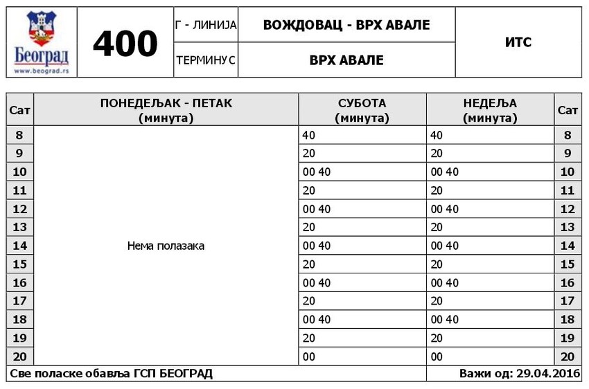 Red vožnje linije 400 sa Avale