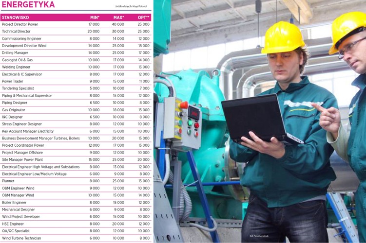 Hays Poland przewiduje, że w kilku kluczowych obszarach sektora energetyki widoczny będzie przyrost nowych miejsc pracy. „Wymuszony przez Unię Europejską rozwój sektora odnawialnych źródeł energii (OZE) przyczyni się do tworzenia nowych miejsc pracy w Polsce. Firmy inwestujące w fotowoltaikę będą poszukiwać doradców techniczno-handlowych oraz inżynierów elektryków. Przedsiębiorstwa z branży energetyki wiatrowej, po wybudowaniu rekordowej ilości turbin wiatrowych w roku 2016, będą zatrudniać specjalistów ds. utrzymania ruchu oraz techników serwisu” - czytamy w raporcie.
<br>
W branży energetycznej poszukiwani są głównie kierownicy projektów z doświadczeniem w obszarze instalacji ochrony środowiska (odsiarczanie, odazotowanie, szeroko pojęte oczyszczanie gazów, oczyszczanie ścieków) oraz w branży elektrycznej (obiektowa, stacje i linie) i automatyki (głównie obiektowa) z obligatoryjnie dobrą znajomością języka angielskiego. W roku 2016, na oferty pracy będą mogły również liczyć osoby odpowiedzialne za pozyskiwanie i wycenę kontraktów, jak również kadra prowadząca kontrakty. 
<br>
Wysokie kwalifikacje to i płaca na odpowiednim poziomie. Stawki w Energetyce zaczynają się od 5 tys. brutto. Najniższa, najczęściej oferowana płaca to 7 tys. zł na stanowisku Tendering Specialist. 


<br>Źródło: Hays Poland<br>
*Miesięczne wynagrodzenie PLN brutto na danym stanowisku (na pełen etat)<br>
**Najczęściej oferowane wynagrodzenie na danym stanowisku