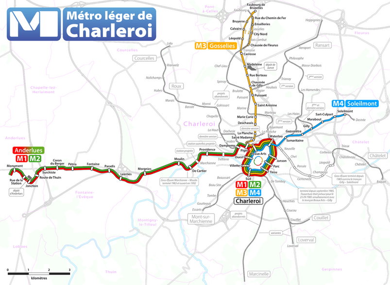Mapa metra miasta Charleroi źródło: https://pl.wikipedia.org