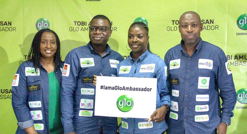 L-R: Globacom’s Director, Customer care, Catherine Bomett; Regional Manager, Lagos, Lawrence Odediran; new Glo Ambassador, Tobi Amusan, and Ag. Coordinator, Gloworld, Abdulrazaq Ande, at the unveiling of the World Champion, Tobi Amusan, as Glo Brand Ambassador on Thursday in Lagos.