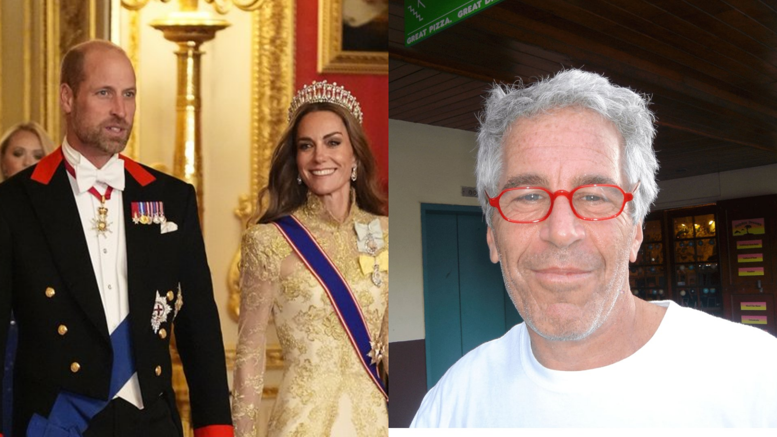 Princ William a princezná Kate a americký sexuálny delikvent a obchodník Jeffrey Epstein.