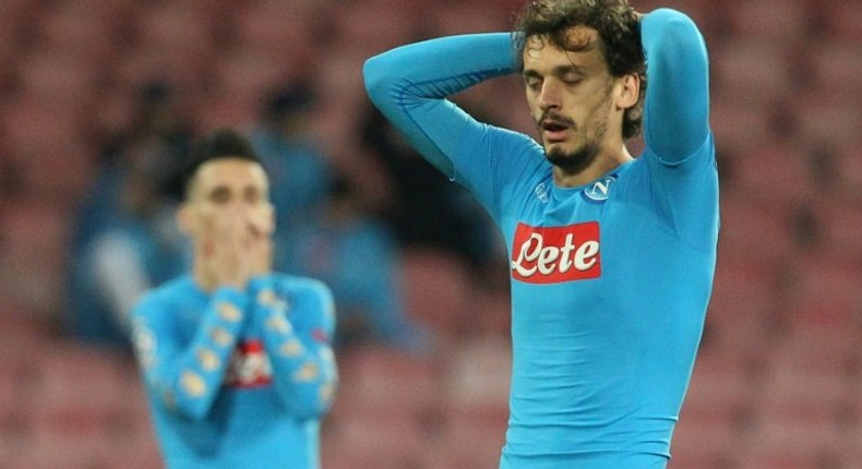 Napoli's Manolo Gabbiadini reacts after missing a shot against Dynamo Kiev on November 23, 2016 at the San Paolo stadium in Naples