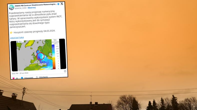 IMGW pokazał animację. Spadnie brudny deszcz, a niebo zmieni kolor (screen: Twitter.com/IMGW_CMM)