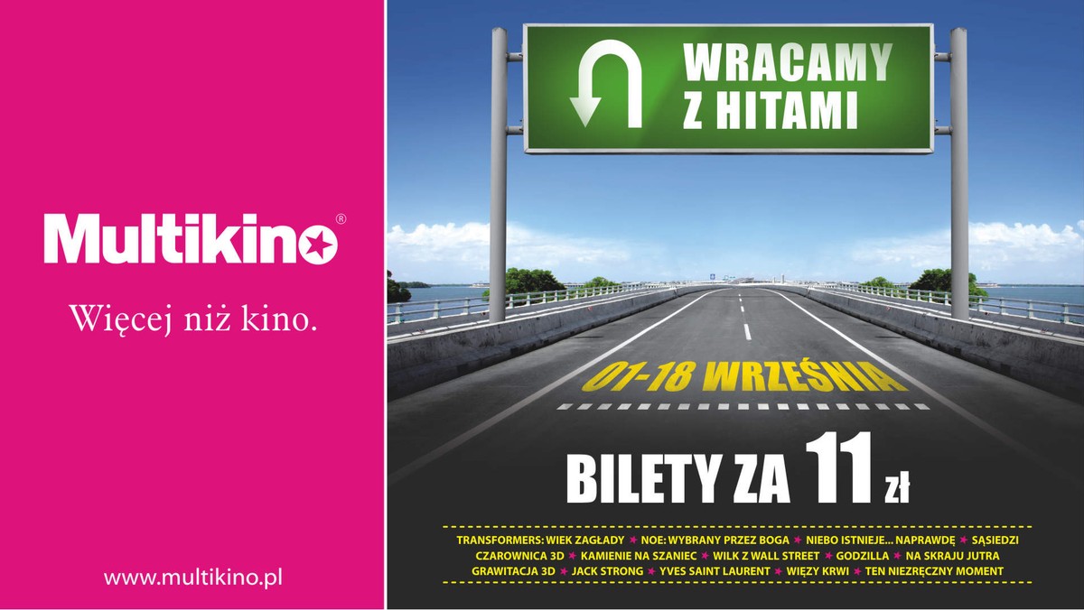 "Wracamy z hitami" w Multikinie to największe premiery ostatnich miesięcy, a każdy tylko za 11 zł. Promocja potrwa jeszcze tylko 18 września i obejmuje 14 filmów, w tym filmy 2D oraz 3D. To okazja do nadrobienia filmowych zaległości w atrakcyjnej cenie.