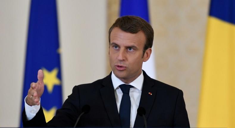 French President Emmanuel Macron addresses a joint press conference after a meeting with his Romanian counterpart at Cotroceni Palace in Bucharest, on August 24, 2017