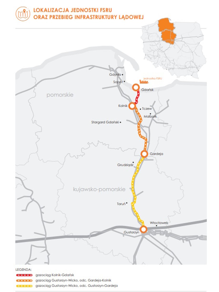 Planowana lokalizacja pływającego terminala LNG wraz z rozbudową krajowego systemu przesyłowego, który umożliwi rozprowadzenie gazu z rejonu Gdańska do klientów w Polsce i w regionie. 