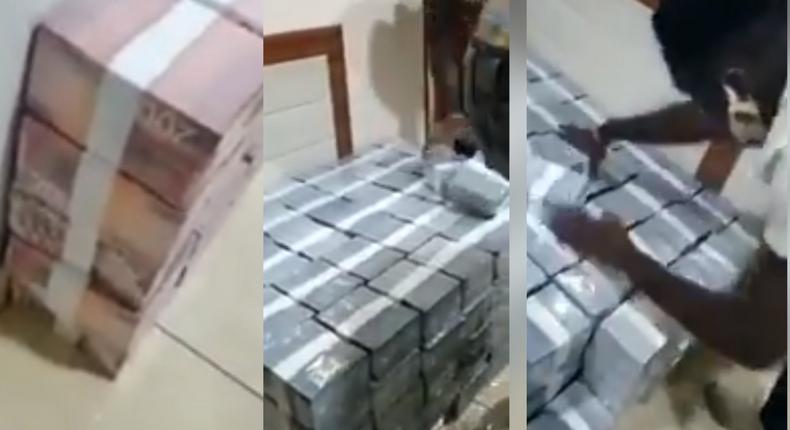 Video shows bundles of gh¢100 and gh¢200 cash being offloaded into unknown house