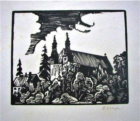 Jedna z prac na aukcji: Wilhelm "Wilk" Ossecki, z teki Wilno- "Kościół", drzeworyt
