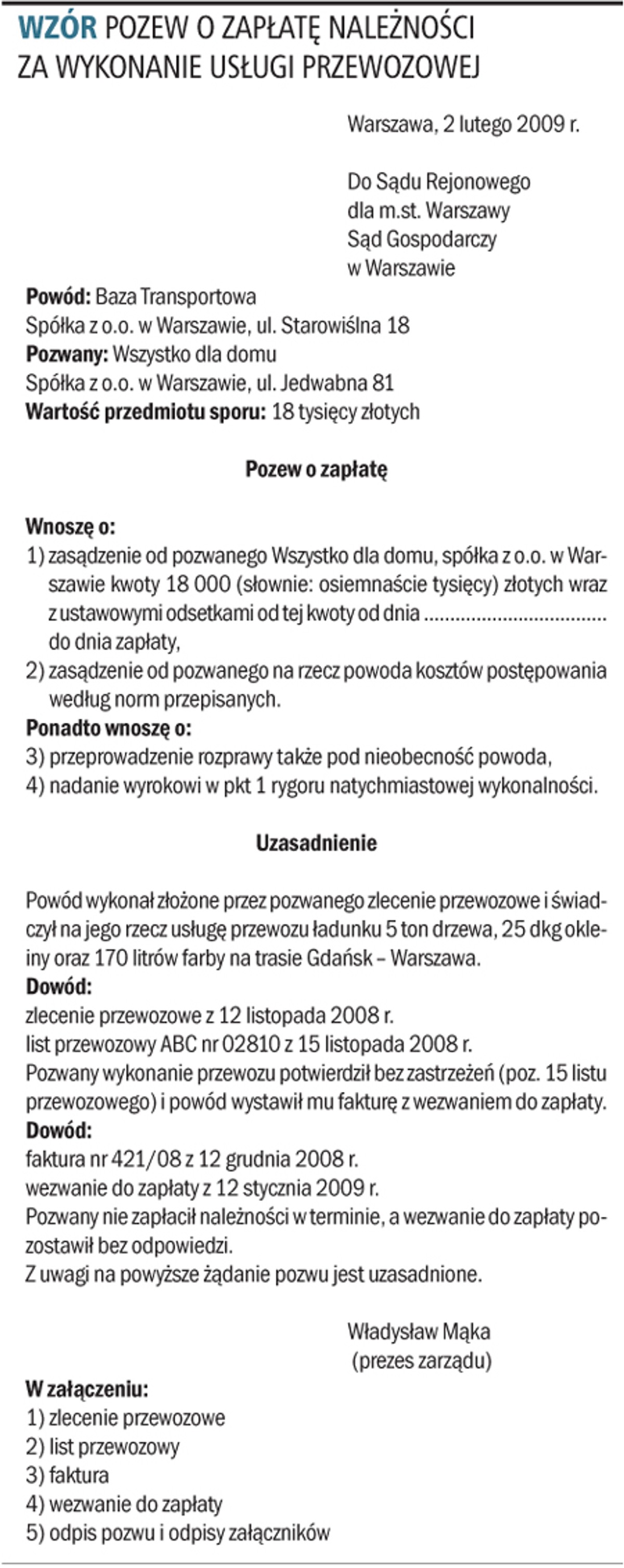 Wzór pozwu o zapłatę należności za wykonanie usługi przewozowej