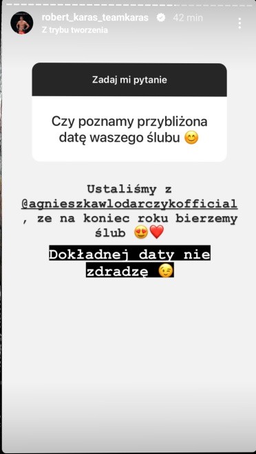 Widok InstaStories zamieszczonego na profilu Roberta Karasia na Instagramie