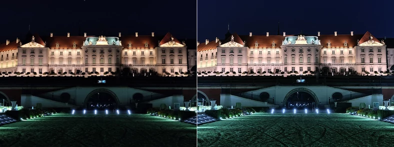 Zdjęcie wykonane w ustawieniu tele 2x nocą w trybie automatycznym (po lewej) oraz ten sam kadr przechwycony w trybie zdjęć nocnych (po prawej. Kliknij, aby powiększyć)