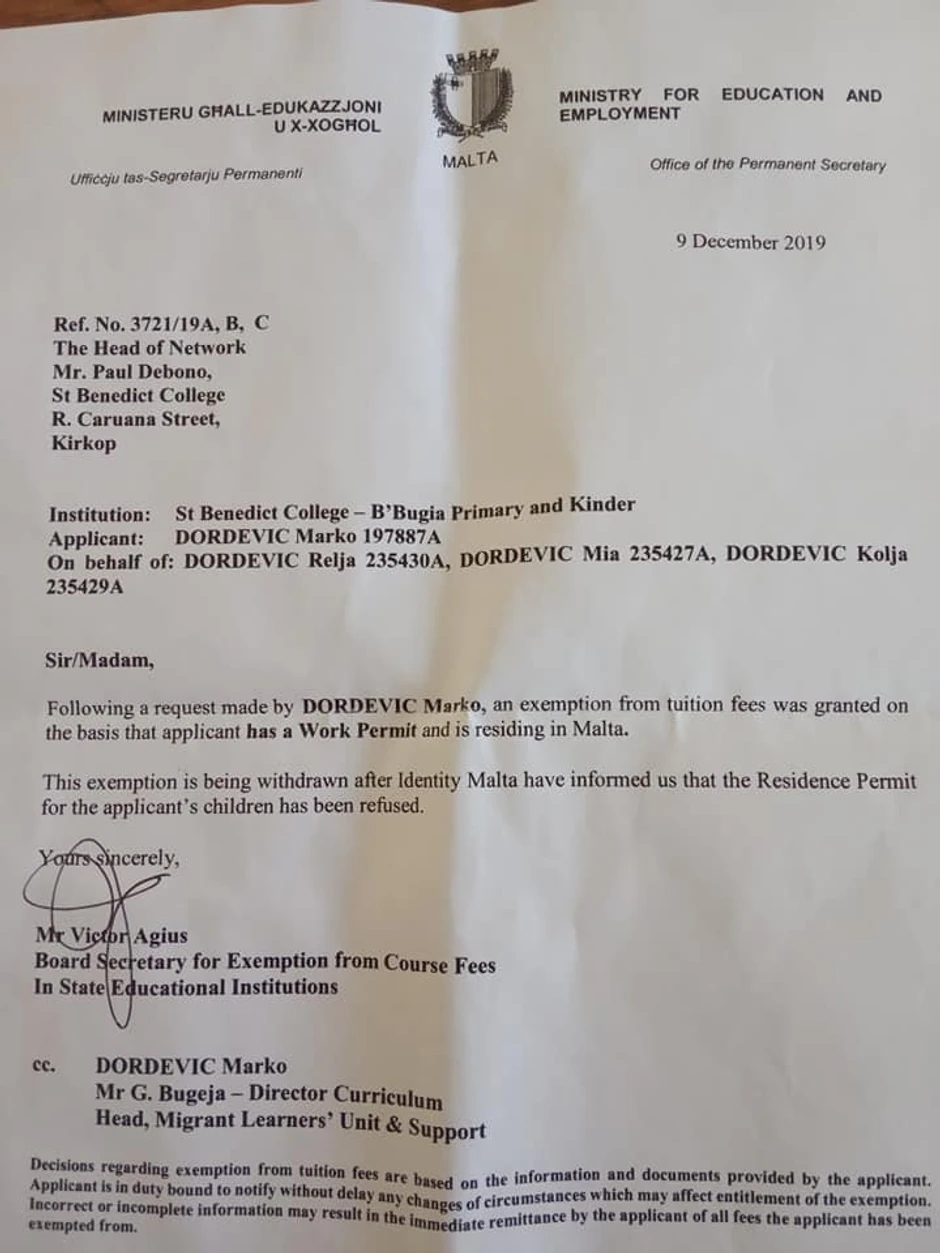 Primer odbijanja za ID sa FB grupe Roditelji na Malti