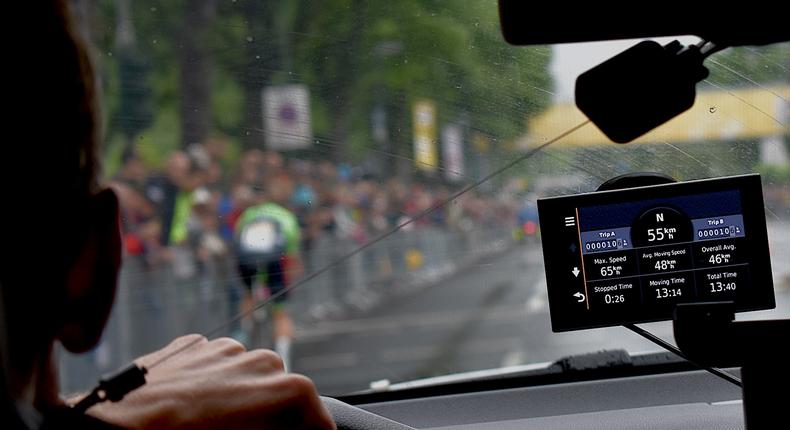 Cannondale-Drapac sports director Charly Wegelius follows Rigoberto Urán on stage one of the Tour de France, July 1, 2017.