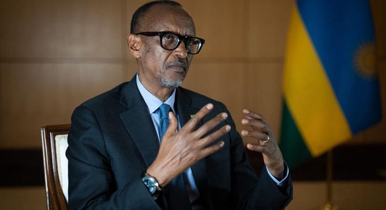 TOPSHOT - Rwanda's President Paul Kagame speaks during an interview with international media at the presidency office in Kigali, on May 28, 2021. (Photo by Simon Wohlfahrt / AFP) (Photo by SIMON WOHLFAHRT/AFP via Getty Images)
