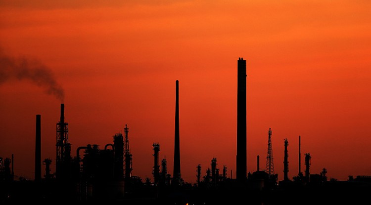 General views as the sun sets behind Fawley Oil Refinery on April 21, 2020 in Southampton, United Kingdom