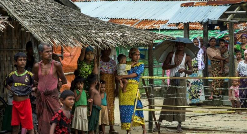 Muslim Rohingya gather at the Thet Kal Pyin displacement camp in Sittwe in 2016