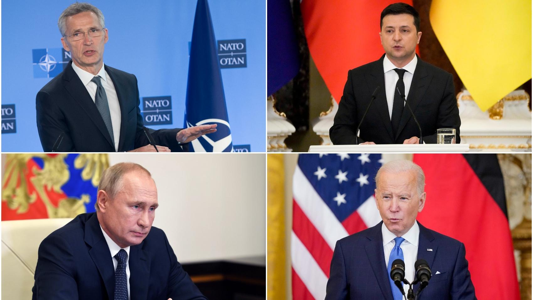 V smere hodinových ručičiek: Jens Stoltenberg, Volodymyr Zelenskyj, Vladimír Putin a Joe Biden