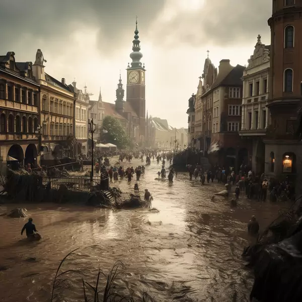 Kraków podczas powodzi błyskawicznej według wizji Midjourney.