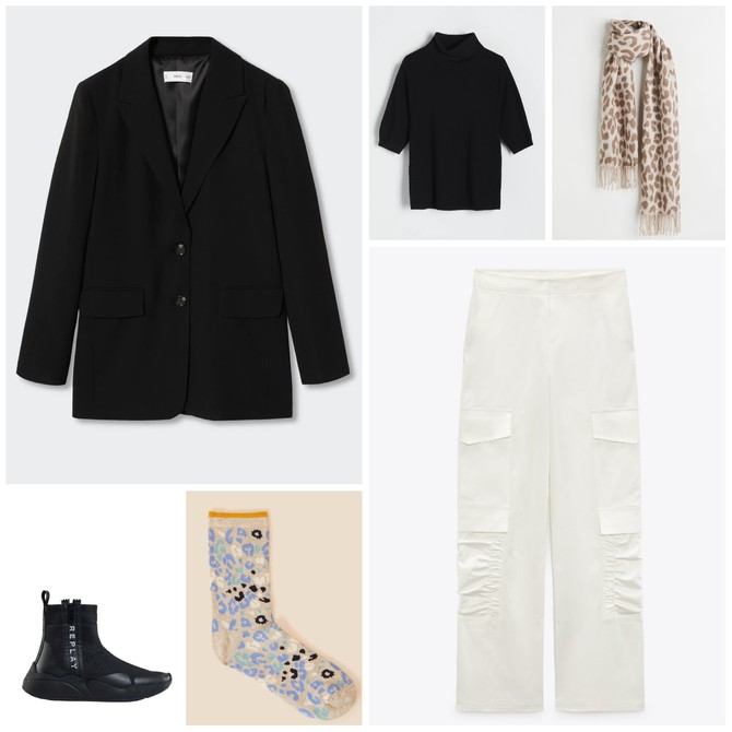 Sako „Mango“, rolka „Reserved“, pantalone „Zara“, sokne „Accessorize“,  ešarpa „H&M“ patike „Replay“