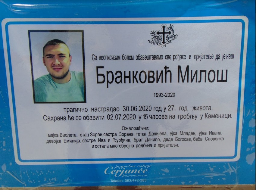 Miloš će biti sahranjen 2. jula na groblju u Kamenici