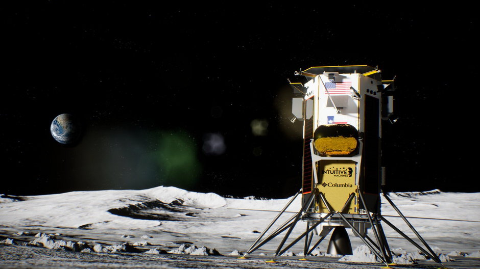 Artystyczna wizja lądownika Odyseusz na powierzchni Księżyca