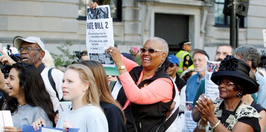 A crowd of protesters demonstrate against North Carolina's "bathroom law" outside the state legislature in Raleigh.