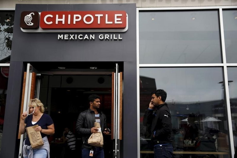People carry bags as they leave a Chipotle Mexican Grill restaurant in San Francisco, California