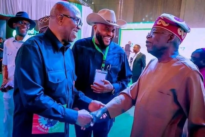 Peter Obi (left) is confident the judicial system will rectify the errors of the election that crowned Bola Tinubu (right) the winner [Twitter/@FSyusuf]