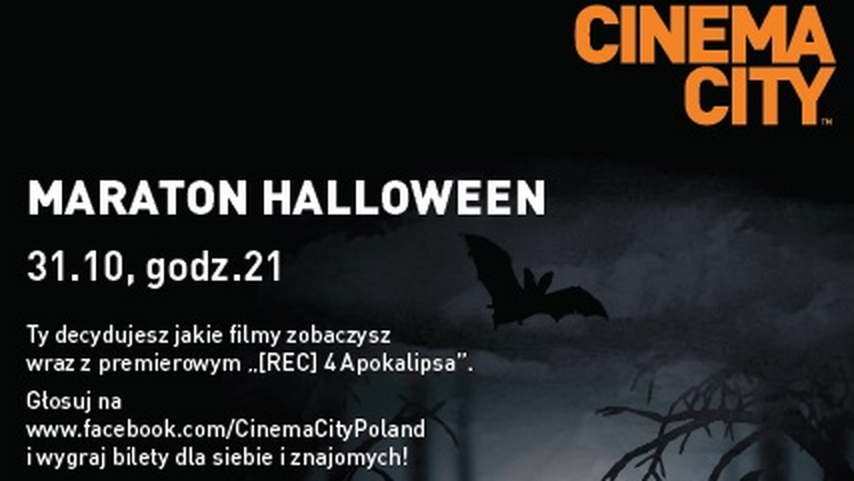 Dla wszystkich miłośników grozy sieć kin Cinema City przygotowała niezwykły maraton filmowy z okazji Halloween. W ostatni wieczór października w wybranych kinach sieci wyświetlony zostanie film „REC 4: Apokalipsa” oraz dwie inne produkcje, których wybór zależy wyłącznie od kinomaniaków. Skorzystajcie ze specjalnej aplikacji „Horror w Cinema City”, dostępnej na profilu Cinema City Poland na Facebooku i wspólnie stwórzcie najstraszniejszy maraton ostatnich czasów.