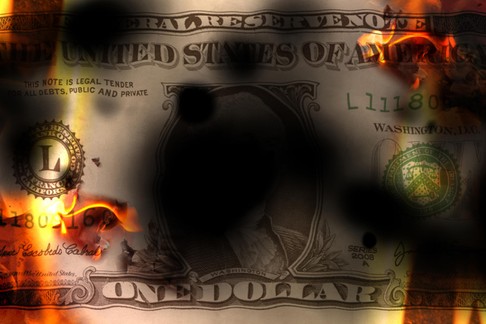 United States banknote dollar burning with fire and destroyed, conceptual financial crisis, 3d illus