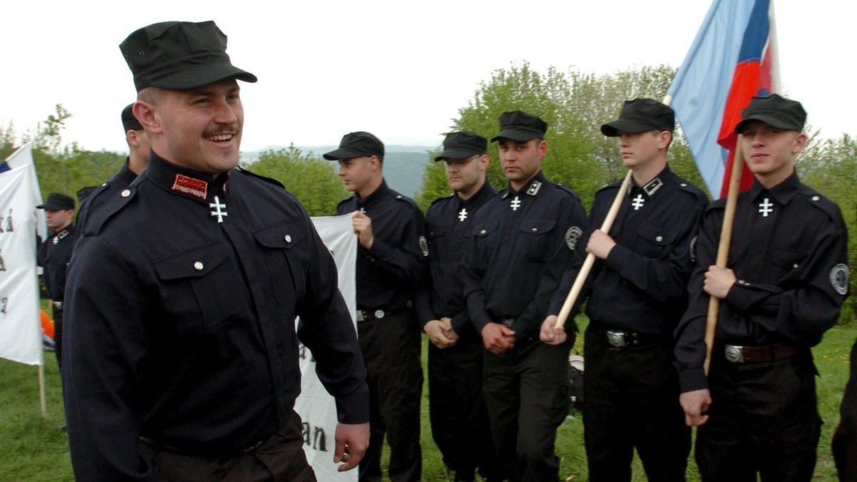 A leader of People's Party Our Slovakia (LS NS), Marian Kotleba, attends a commemoration of the 87th