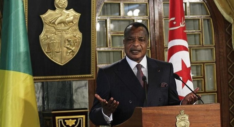 Congo's President Denis Sassou Nguesso speaks during a news conference after his meeting with Tunisia's President Beji Caid Essebsi at Carthage Palace in Tunis January 22, 2015. REUTERS/Anis Mili