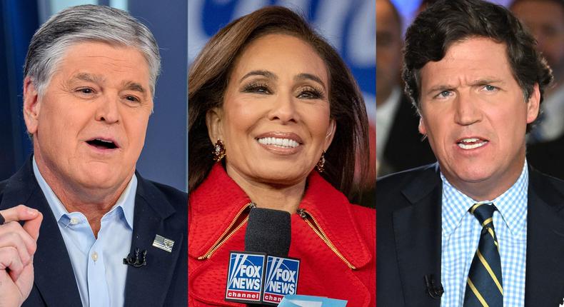 Fox News hosts Sean Hannity, Jeanine Pirro, and Tucker Carlson are all central to Dominion Voting Systems' lawsuit against the company.Roy Rochlin/Getty Images; Alexi Rosenfeld/Getty Images; Jason Koerner/Getty Images