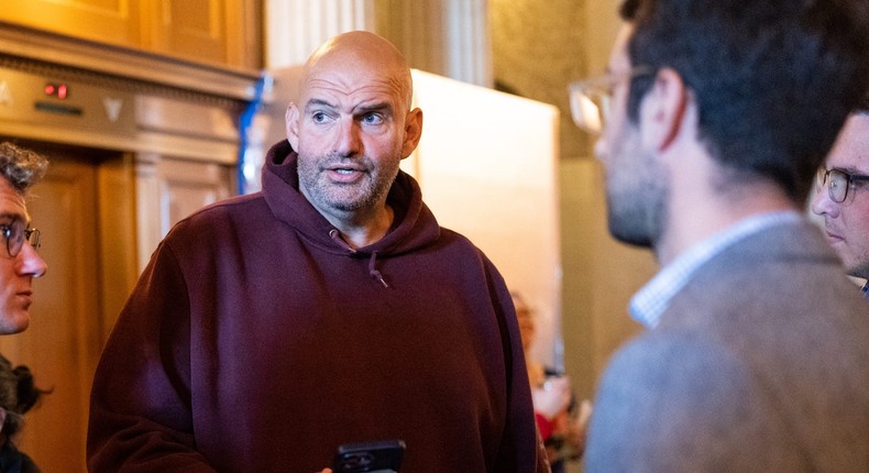 Democratic Sen. John Fetterman of Pennsylvania wears a hoodie outside the Senate chamber on September 27, 2023.Bill Clark/CQ-Roll Call via Getty Images