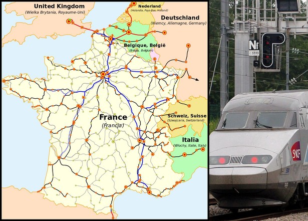 Mapa sieci połączeń pasażerskich kolei francuskich (SNCF), uwzględniająca międzynarodowe połączenia pociągami TGV. Źródło: Wikimedia Commons. Autor mapy: madcap. Praca oparta na mapie opublikowanej na stronie internetowej firmy SNCF.