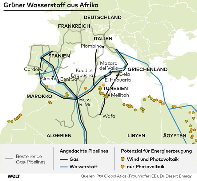 Zielony wodór z Afryki. Mapa przedstawiające potencjalne rurociągi