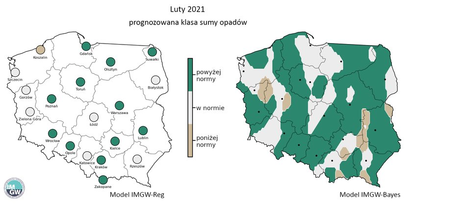 Prognozowana klasa miesięcznej sumy opadów w lutym 2021 r. według modelu IMGW-Reg i IMGW-Bayes