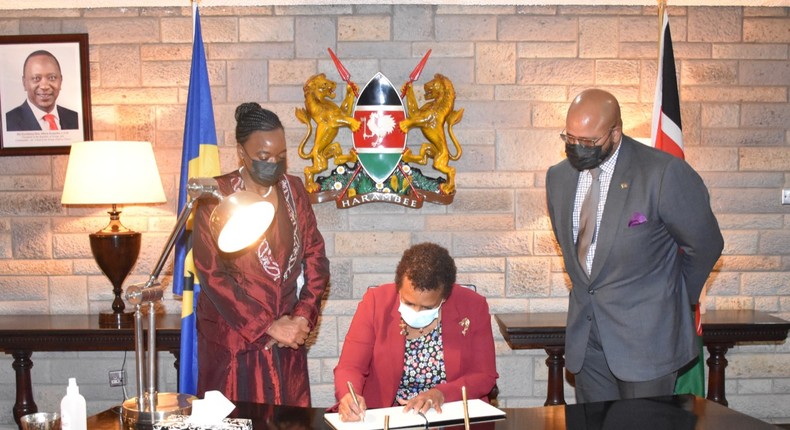 President Dame Sandra Prunella Mason of Barbados jetted into the country on the evening of Tuesday, June 7 and was received at the Jomo Kenyatta International Airport (JKIA) by Energy Cabinet Secretary Ambassador Monica Juma (left).