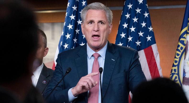 House Minority Leader Kevin McCarthy of California speaks at the Capitol on July 21, 2021.
