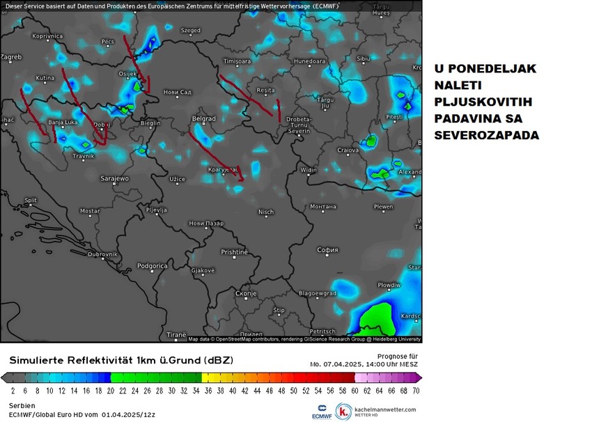 Početak sledeće nedelje, u ponedeljak obeležiće naleti pljuskova