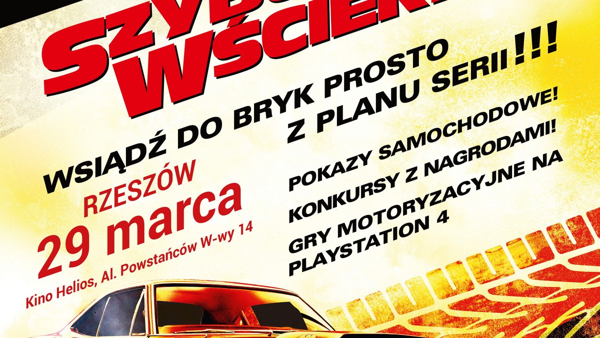 Premiera siódmej części kultowej serii "Szybcy i wściekli" jest okazją do cyklu wyjątkowych imprez. Dystrybutor filmu – United International Pictures – zaprasza na spotkania, których główną atrakcją będą luksusowe superszybkie samochody, wzorowane na tych, którymi mkną bohaterowie filmu. Impreza odbędzie się w rzeszowskim Kinie Helios 29 marca w godz. 12-18.